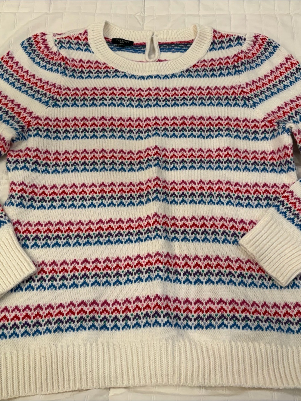 Talbots Cream Crewneck Sweater with Red & Blue Fair Isle Stripes
